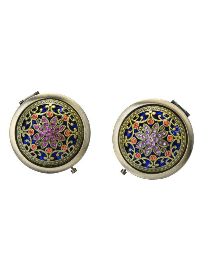 P-Plus International Womens Pocket Size Antique Metal Doublesided Magnifing Compact Mirror With Clasp Assorted Vintage Brass Style Embellished Rhinestone Designs(Random Style) (Pack Of 2) - Image 1