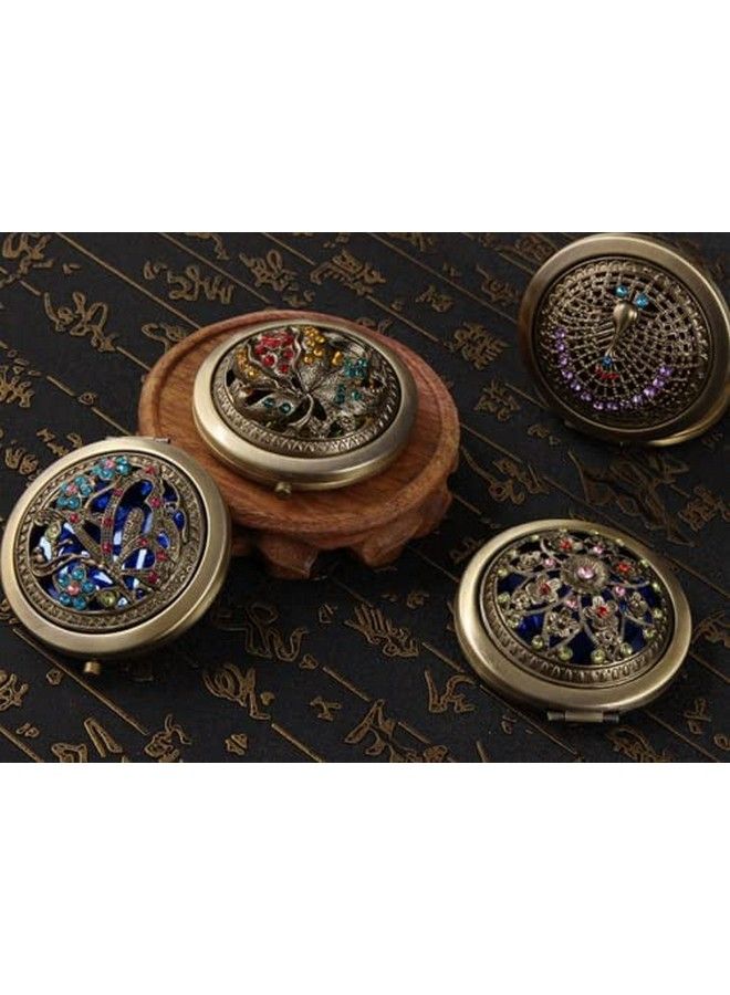 P-Plus International Womens Pocket Size Antique Metal Doublesided Magnifing Compact Mirror With Clasp Assorted Vintage Brass Style Embellished Rhinestone Designs(Random Style) (Pack Of 2) - Image 3