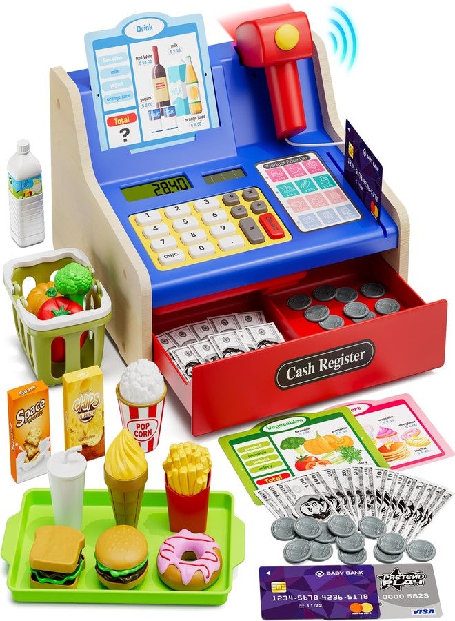 HYES Rechargeable Wooden Cash Register for Kids, Toy Cash Register with Play Money, Toy Food, Pretend Play Supermarket & Fast Food Restaurant, Toddler Learning Toys for Boy & Girl Age 3-5, Blue - Image 1