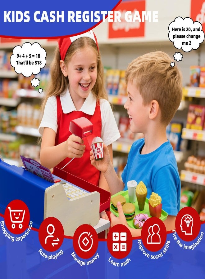 HYES Rechargeable Wooden Cash Register for Kids, Toy Cash Register with Play Money, Toy Food, Pretend Play Supermarket & Fast Food Restaurant, Toddler Learning Toys for Boy & Girl Age 3-5, Blue - Image 4