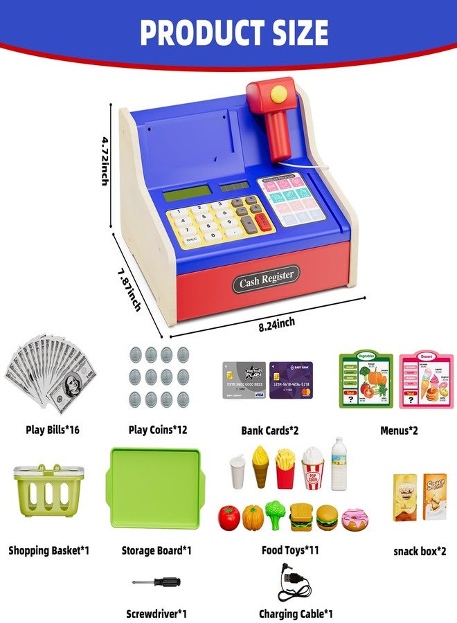 HYES Rechargeable Wooden Cash Register for Kids, Toy Cash Register with Play Money, Toy Food, Pretend Play Supermarket & Fast Food Restaurant, Toddler Learning Toys for Boy & Girl Age 3-5, Blue - Image 2