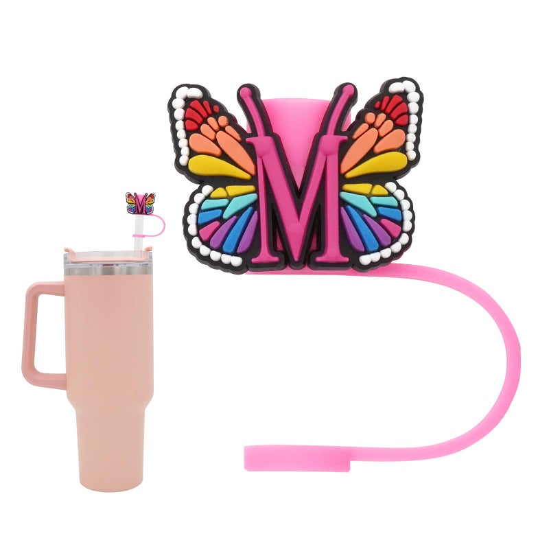 FadAcc Silicone Straw Cover for Stanley Cup Initial Letter Straw Cover Beautiful Butterfly Style Compatible with Stanley 4030 Oz Tumbler