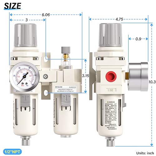 TAILONZ PNEUMATIC 1/2 Inch NPT Air Filter Pressure Regulator Water/Oil Trap Separator Combo(0-145PSI),Air Tool Compressor Filter with Gauge AC4010-04(Manual Drainage) - Image 2