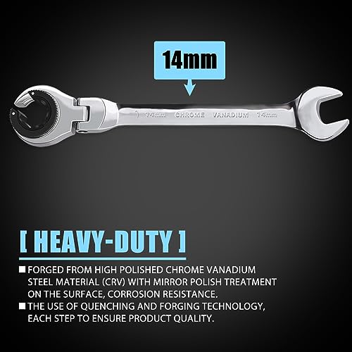 LOSCHEN 1PC 14mm Open FlexHead Ratcheting Wrench Metric Ratcheting Spanner with 77 Teeth Chrome Vanadium Steel Tubing Ratchet Spanner - Image 3