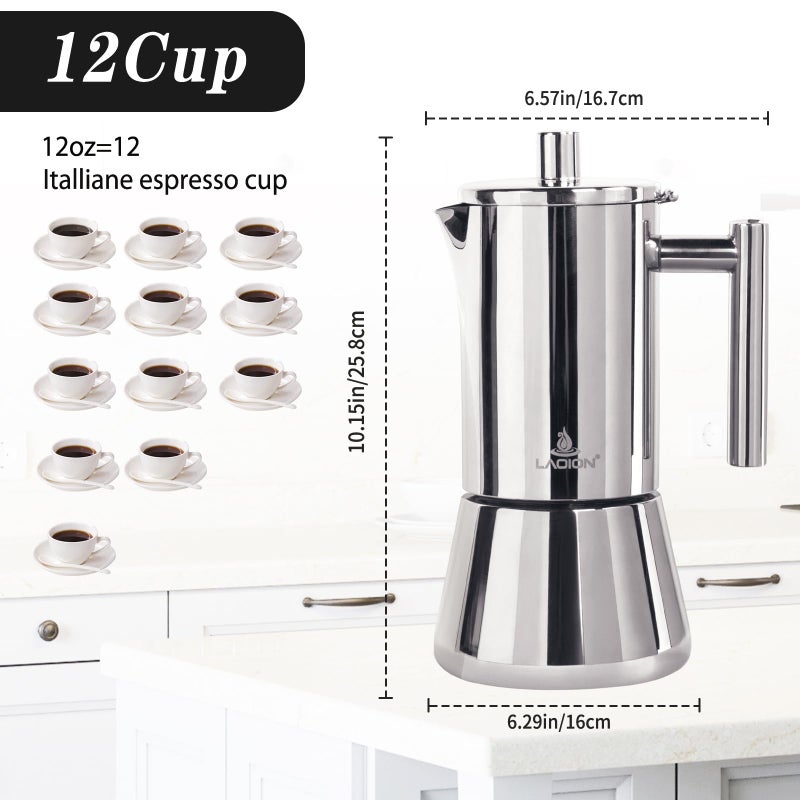 LAOION Stovetop Espresso Maker, 12Cup 17.5 oz Moka Pot, Stainless Steel Cuban and Italian Coffee Maker for Cafetera Cubana, Greca De Cafe Induction Stovetop Compatible, Coffee Gift for Home Travel - Image 2