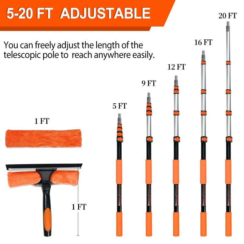 Buyplus 26Ft High Reach Squeegee for Window Cleaning Kit with 5 to 20 Foot Extension Pole, Extendable Window Cleaner Squeegee, Telescopic Window Washing Kit for Indoor/Outdoor High Window - Image 3