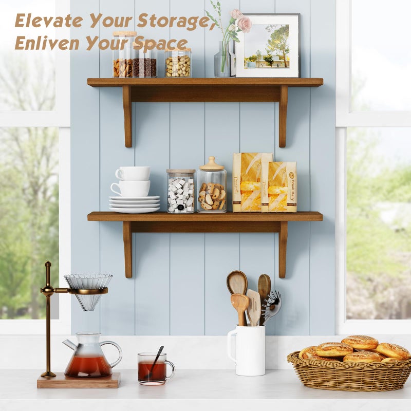 Forbena Wooden Floating Shelves for Wall Set of 3, 24 Inch Wall Shelf for Bedroom, Dark Wood Arched Hanging Wall Shelves for Bedroom, Living Room, Office, Nursery, Dining Room (Walnut Brown) - Image 3