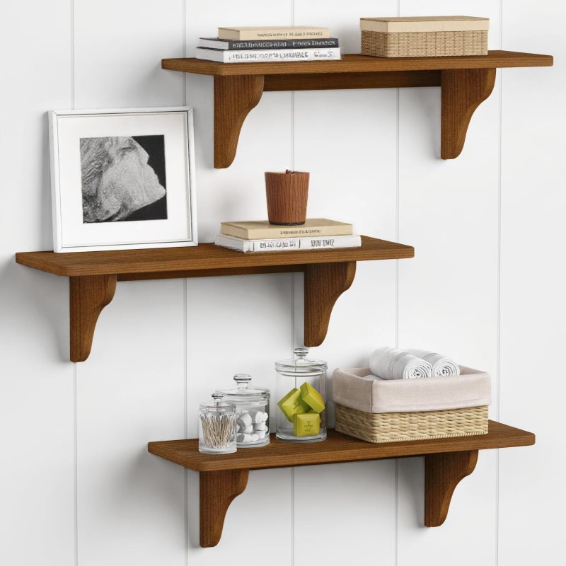 Forbena Wooden Floating Shelves for Wall Set of 3, 24 Inch Wall Shelf for Bedroom, Dark Wood Arched Hanging Wall Shelves for Bedroom, Living Room, Office, Nursery, Dining Room (Walnut Brown) - Image 1