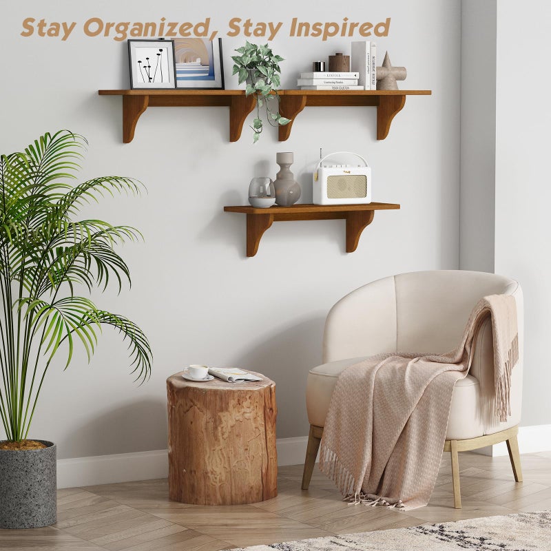 Forbena Wooden Floating Shelves for Wall Set of 3, 24 Inch Wall Shelf for Bedroom, Dark Wood Arched Hanging Wall Shelves for Bedroom, Living Room, Office, Nursery, Dining Room (Walnut Brown) - Image 2
