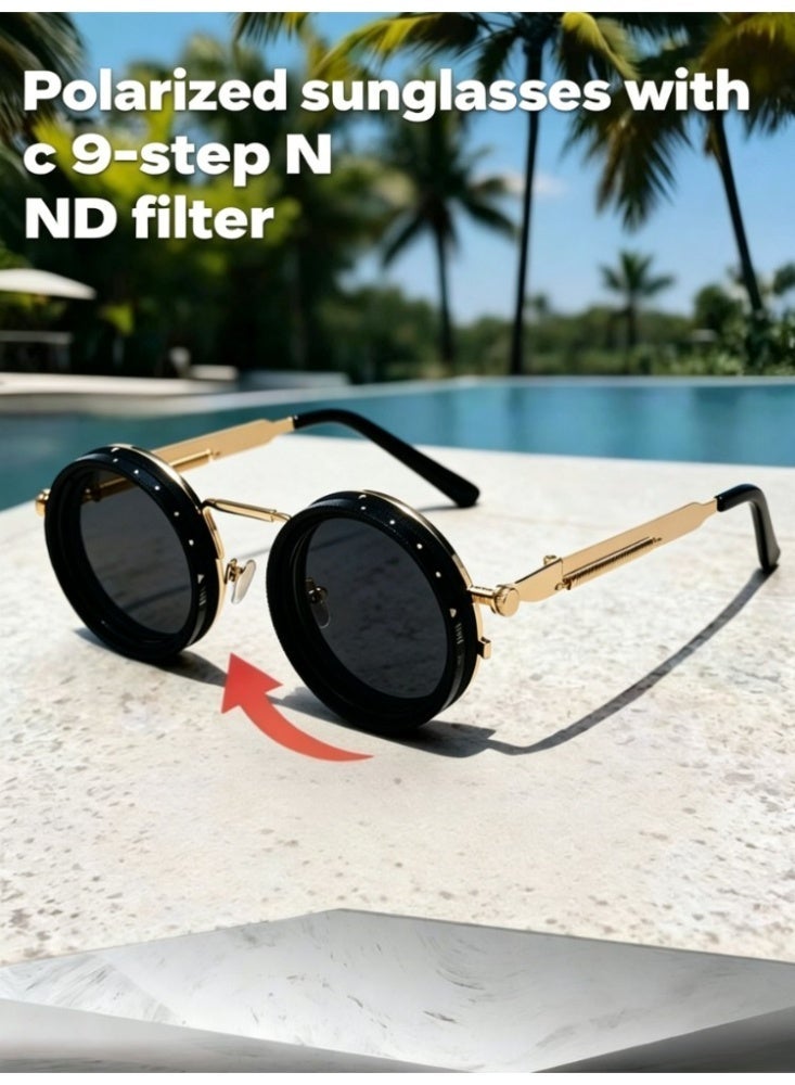 Unisex Round Frame Polarized Sunglasses with Adjustable ND2-400 Filter & UV380 Protection - Image 1