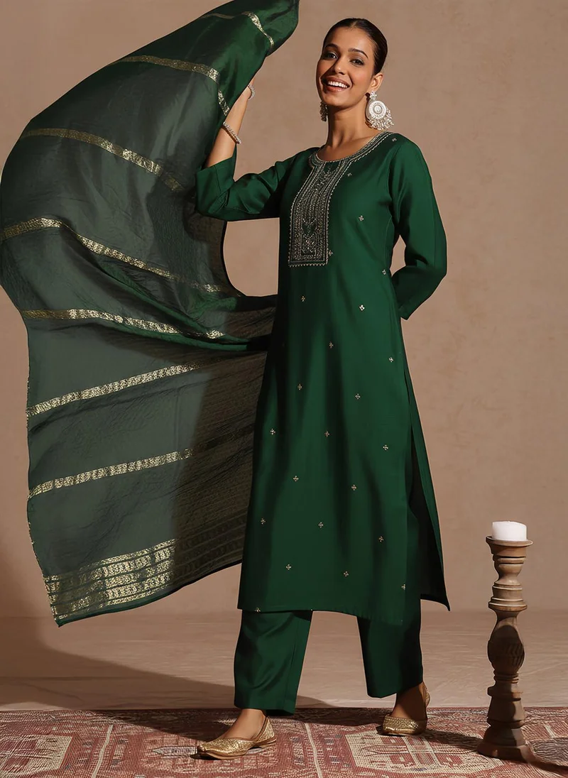 Bottle Green Silk Blend Embroidered 3-Piece Kurta Set