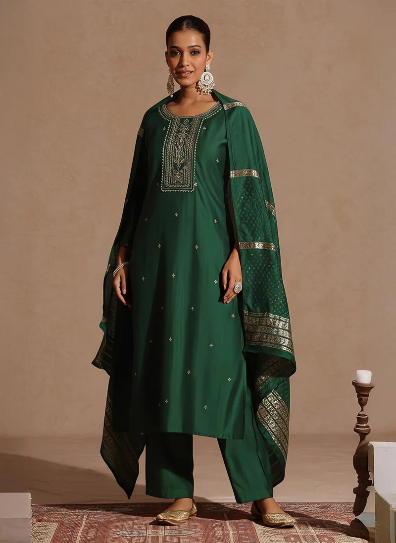 ZERESOUQ Bottle Green Silk Blend Embroidered 3-Piece Kurta Set