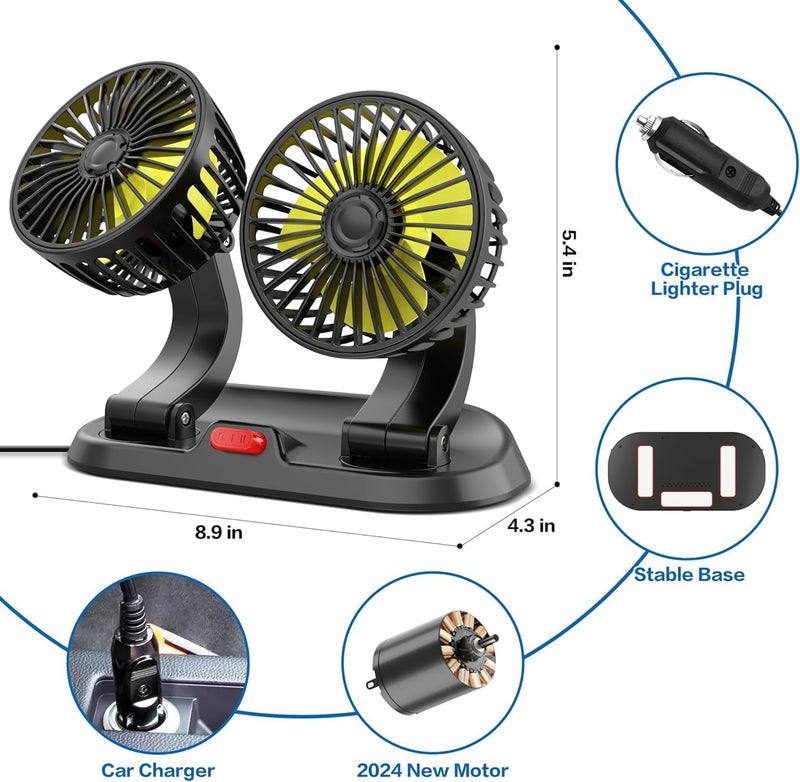 DASHDYNAMO 12V DC High Speed Low Noise Telescopic Adjustment Car Fan for Dashboard 360 Degree Rotatable Dual Head Powerful 2 Speed Turbine Shape Cooling Air Fan (Copper Motor) - Image 2