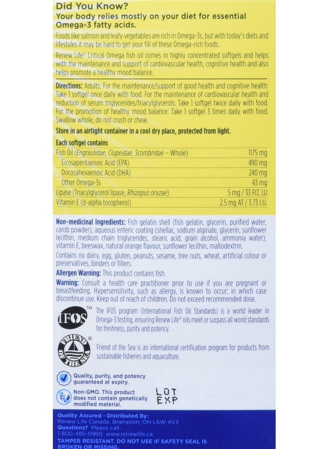 Renew Life Norwegian Gold Adult Fish Oil Critical Omega Fish Oil Omega3 Supplement Gluten  Dairy Free 60 Burpfree Softgel Capsules - Image 5