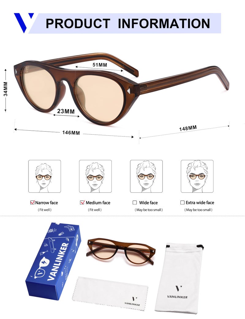 VANLINKER Retro Small Oval Sunglasses for Women Men Trendy Narrow Round Cateye Shades VL9915,Light Brwon - Image 5
