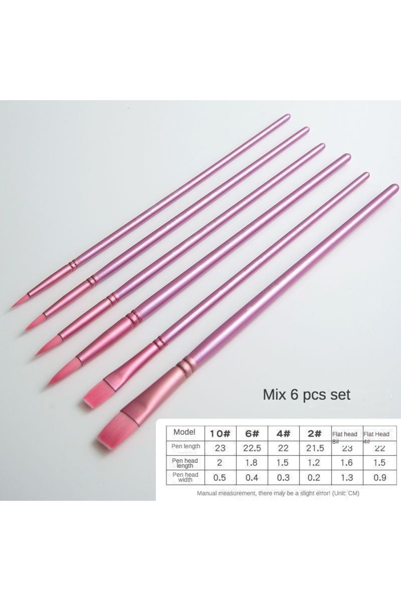 erorex Pink mixed head 6pcs Watercolor Brush Set Pointed Round Flat Head Soft Hair Beginner's Art Student H