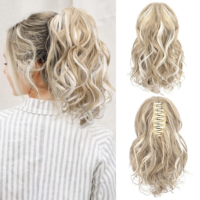 SEIKEA 10 Highlight Ponytail Extension Claw Short Thick Wavy Curly Jaw Clip in Fake Pony Tails Fake Hair Soft Natural Looking Synthetic Hairpiece for Women Medium Blonde with White Blonde Highlights