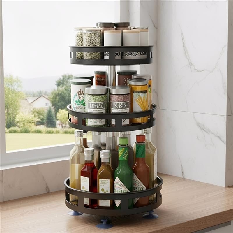 HOMIFLY 3 Tier 360° Rotating Spice Rack Organiser/Multifunctional Spice Rack/Table Top Storage Rack/Non-Slip Spice Holder Organizer for Kitchen/Living Room (Black, Round) - Image 2
