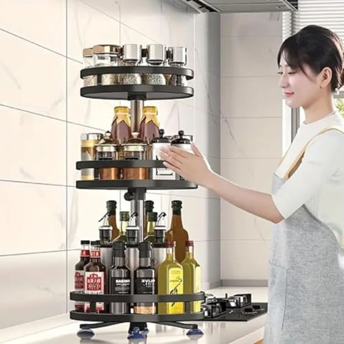 HOMIFLY 3 Tier 360° Rotating Spice Rack Organiser/Multifunctional Spice Rack/Table Top Storage Rack/Non-Slip Spice Holder Organizer for Kitchen/Living Room (Black, Round) - Image 3