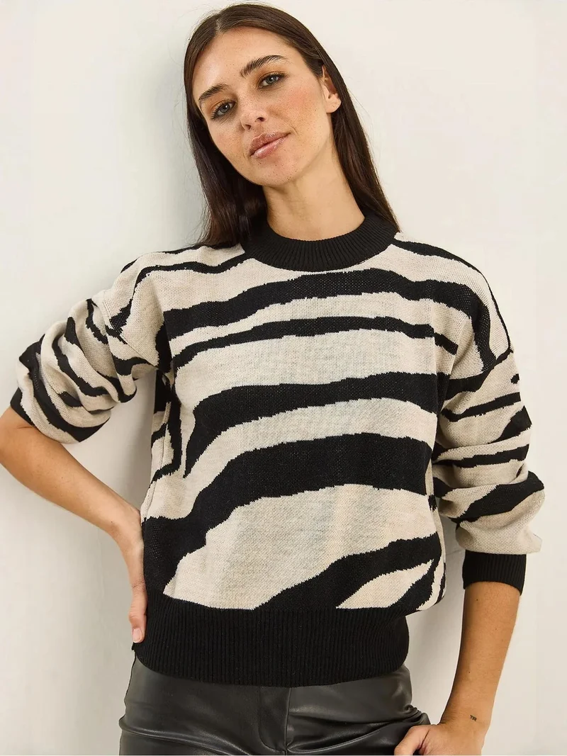 Bianco Lucci Multicolor LUCCI Thick Knit Zebra Print Crew Neck Sweater for Women | Best Price UAE