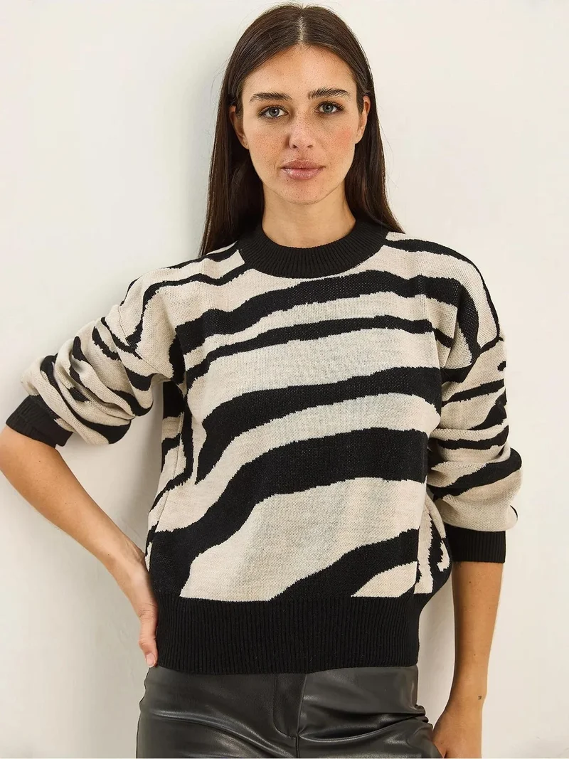 Bianco Lucci Multicolor LUCCI Thick Knit Zebra Print Crew Neck Sweater for Women | Best Price UAE