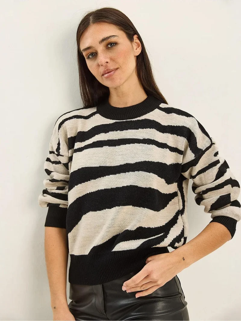 Bianco Lucci Multicolor LUCCI Thick Knit Zebra Print Crew Neck Sweater for Women | Best Price UAE