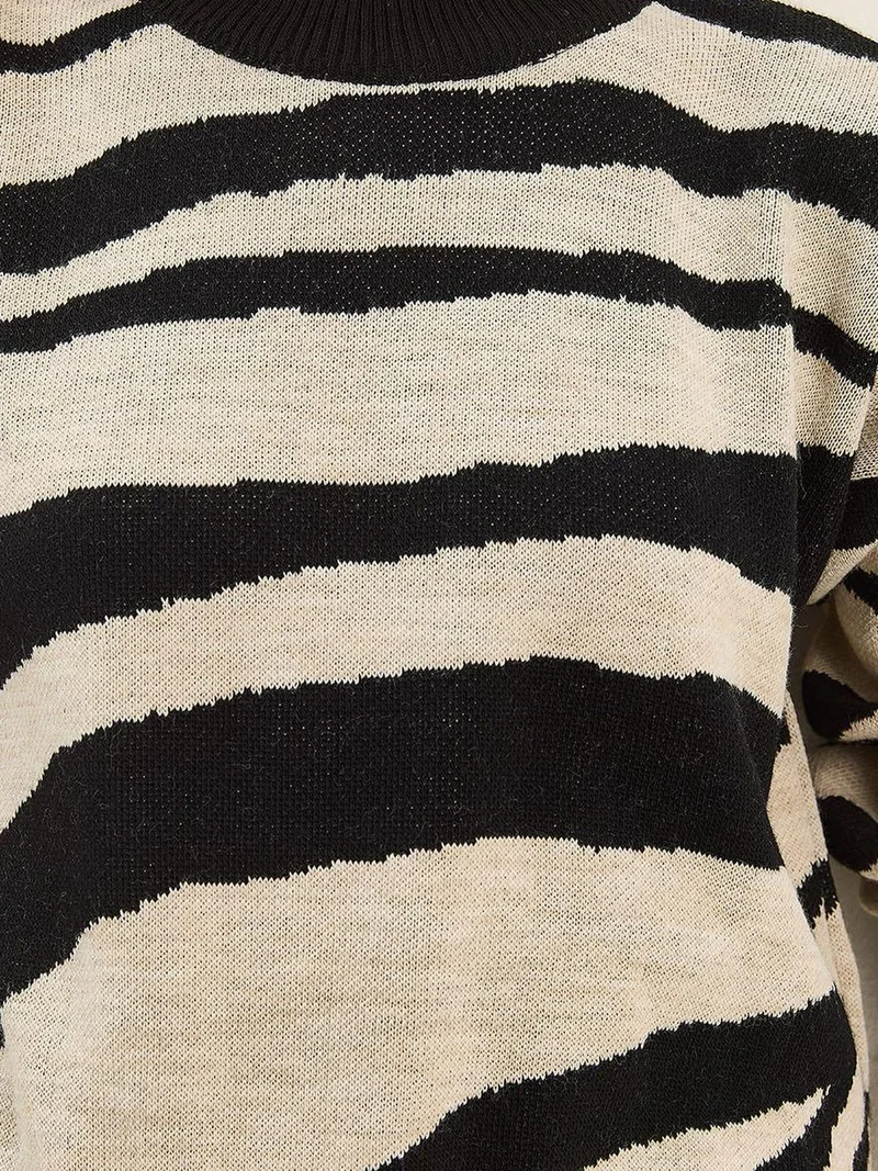Bianco Lucci Multicolor LUCCI Thick Knit Zebra Print Crew Neck Sweater for Women | Best Price UAE