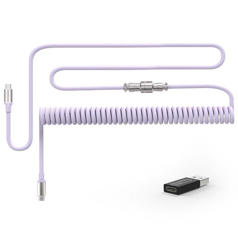 MAMBASNAKE كابل الملفوف من نوع USB-C للوحات المفاتيح الميكانيكية مع محول من USB إلى USB-C، من نوع C إلى نوع C، كابل فائق السرعة بمعدل عودة 8 كيلو هرتز وموصل طيار معدني 5 دبابيس، طول 4.92 قدم - بنفسجي - Image 1