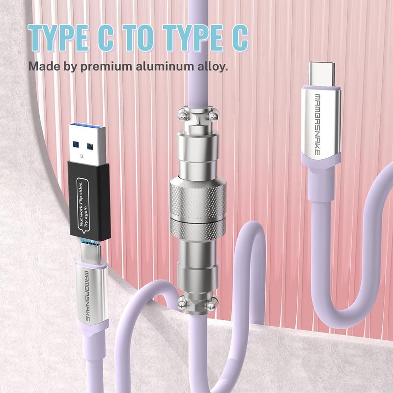 MAMBASNAKE كابل الملفوف من نوع USB-C للوحات المفاتيح الميكانيكية مع محول من USB إلى USB-C، من نوع C إلى نوع C، كابل فائق السرعة بمعدل عودة 8 كيلو هرتز وموصل طيار معدني 5 دبابيس، طول 4.92 قدم - بنفسجي - Image 2