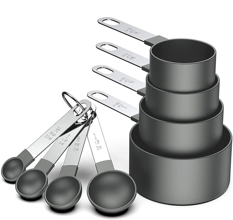 RUNZI 8 Pcs Measuring Cups and Spoons Set, Stackable Black Measuring Spoons for Measuring Dry and Liquid Ingredients Small Teaspoon with Plastic Head - Image 1