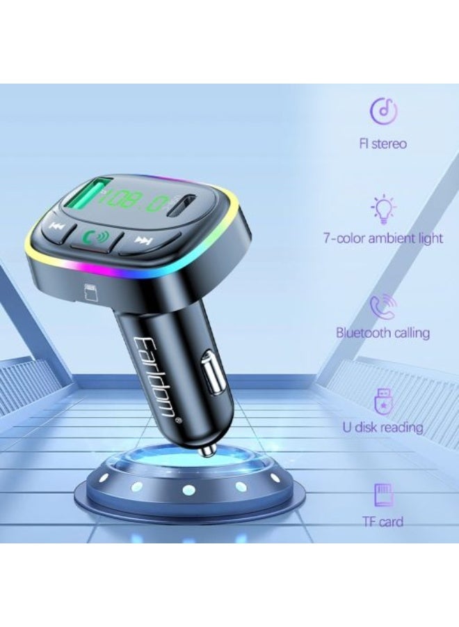 Earldom Car Charger M104 with dual USB and USB C ports 31A fast charging TF card support RGB 7 color lighting black - Image 3