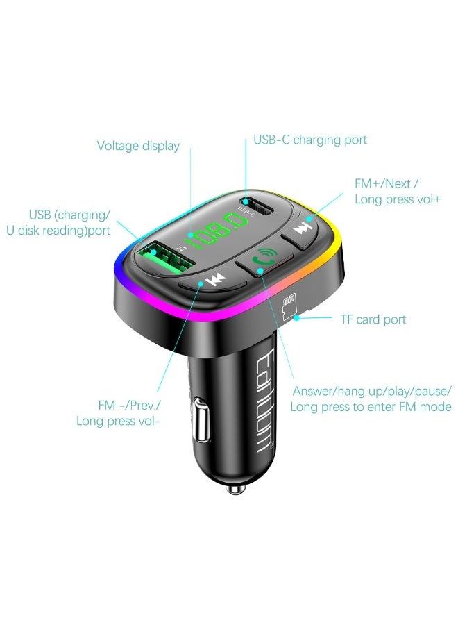 Earldom Car Charger M104 with dual USB and USB C ports 31A fast charging TF card support RGB 7 color lighting black - Image 2