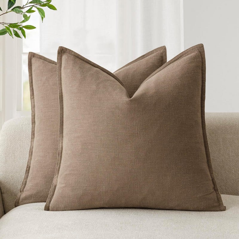 Foindtower Pack of 2, Decorative Linen Soild Throw Pillow Covers Soft Accent Cushion Case Boho Farmhouse Neutral Pillowcase for Chair Couch Sofa Bedroom Living Room Home Decor 18 x 18 Inch Light Brown - Image 1