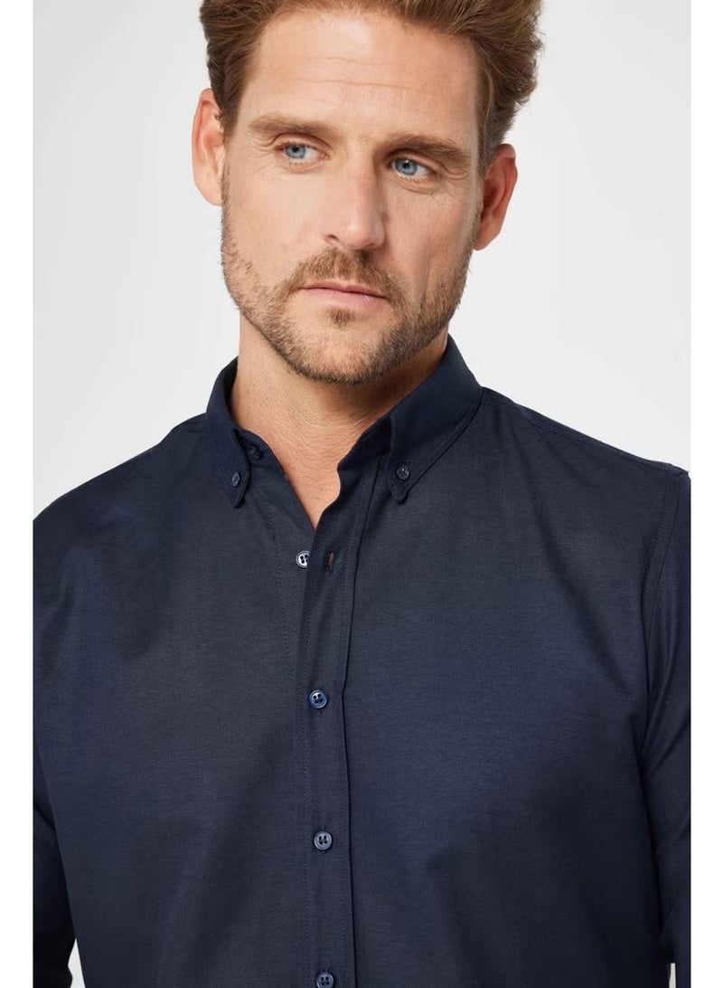 Tudors Slim Fit Long Sleeve Slim Fit Button Collar Cotton Plain Oxford Navy Blue Men's Shirt - Image 3