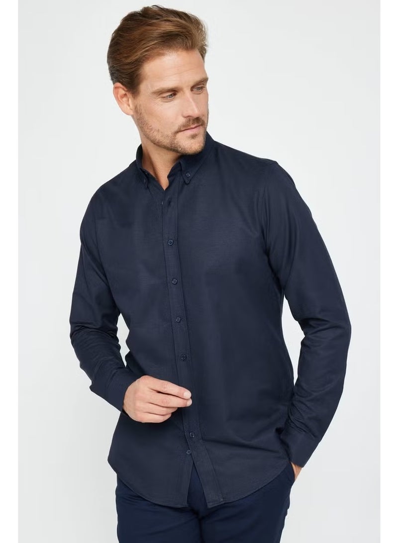 Tudors Slim Fit Long Sleeve Slim Fit Button Collar Cotton Plain Oxford Navy Blue Men's Shirt - Image 1