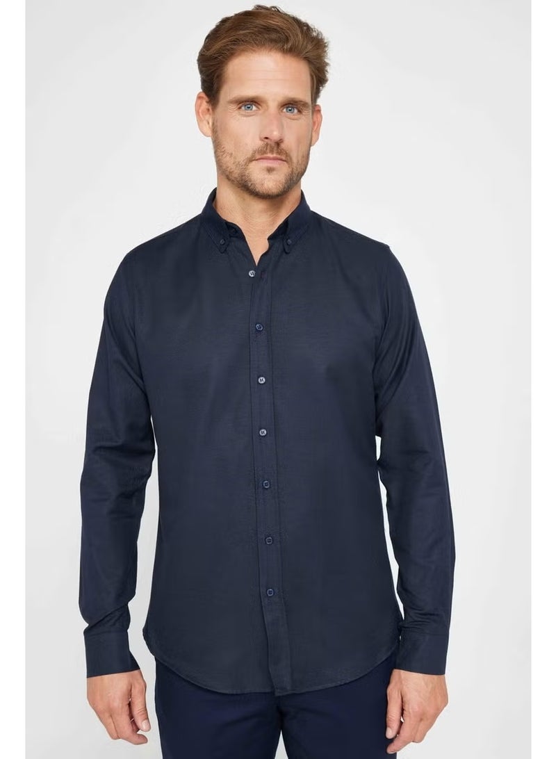 Tudors Slim Fit Long Sleeve Slim Fit Button Collar Cotton Plain Oxford Navy Blue Men's Shirt - Image 2