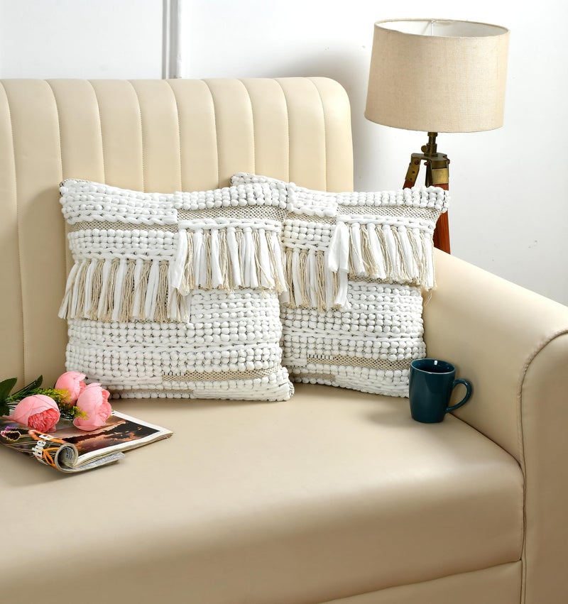 TIB Premium Boho Decorative Throw Cushion Covers, 16 x 16 cm, Set of 2, Cotton. (Off-White Waterfall) - Image 1