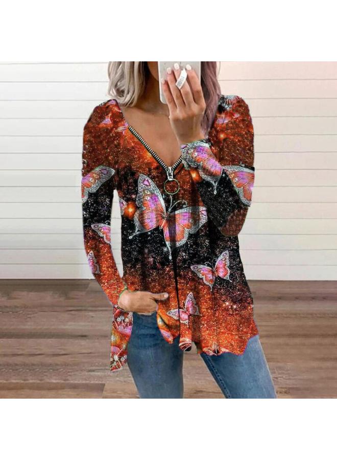 Europe And The United States New V-neck Women's Spring And Autumn Zipper Pullover Printed Loose Women's Long Sleeve Women's Clothing 