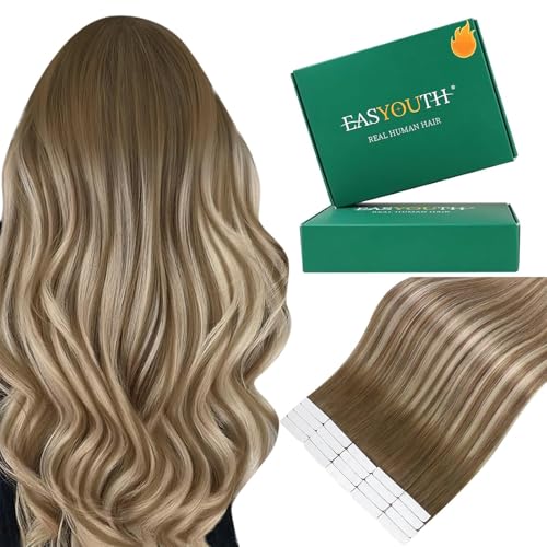 Easyouth Human Hair Extensions Tape in Balayage Human Hair Tape in Extensions Dark Brown Ombre Brown with Blonde Invisible Tapes in Hair Extension Real Human Hair for Women 14 Inch 20pcs - Image 2