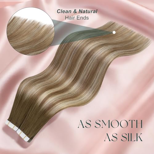 Easyouth Human Hair Extensions Tape in Balayage Human Hair Tape in Extensions Dark Brown Ombre Brown with Blonde Invisible Tapes in Hair Extension Real Human Hair for Women 14 Inch 20pcs - Image 5
