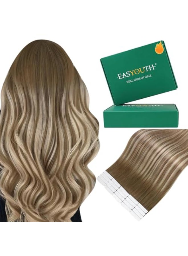 Easyouth Human Hair Extensions Tape in Balayage Human Hair Tape in Extensions Dark Brown Ombre Brown with Blonde Invisible Tapes in Hair Extension Real Human Hair for Women 14 Inch 20pcs - Image 1
