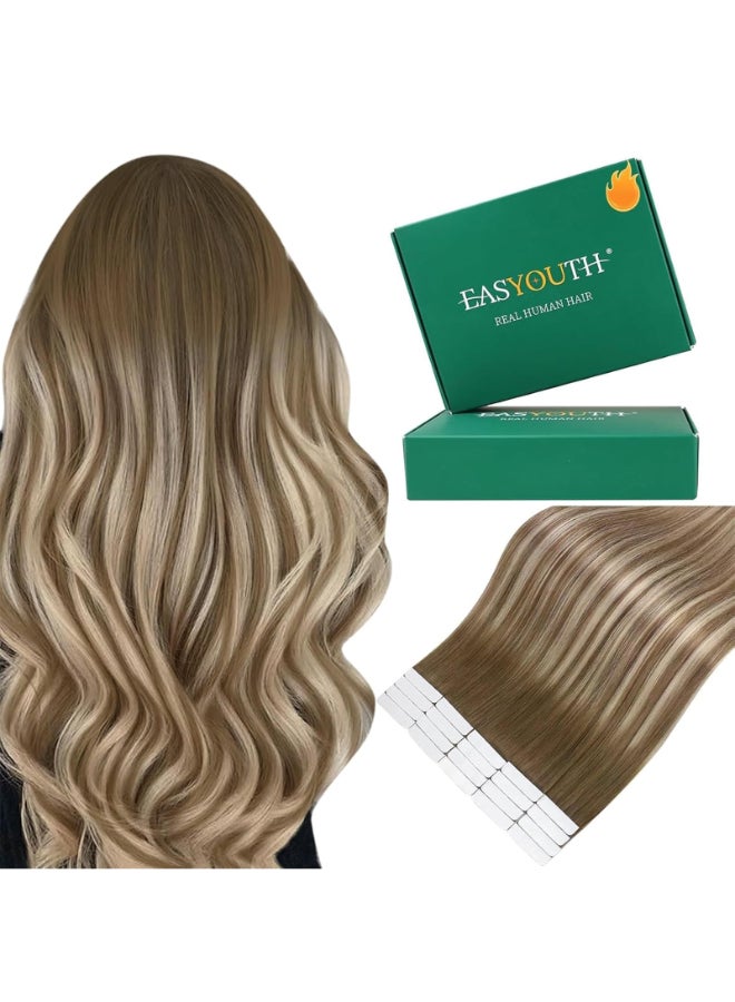 Easyouth Human Hair Extensions Tape in Balayage Human Hair Tape in Extensions Dark Brown Ombre Brown with Blonde Invisible Tapes in Hair Extension Real Human Hair for Women 14 Inch 20pcs - Image 3