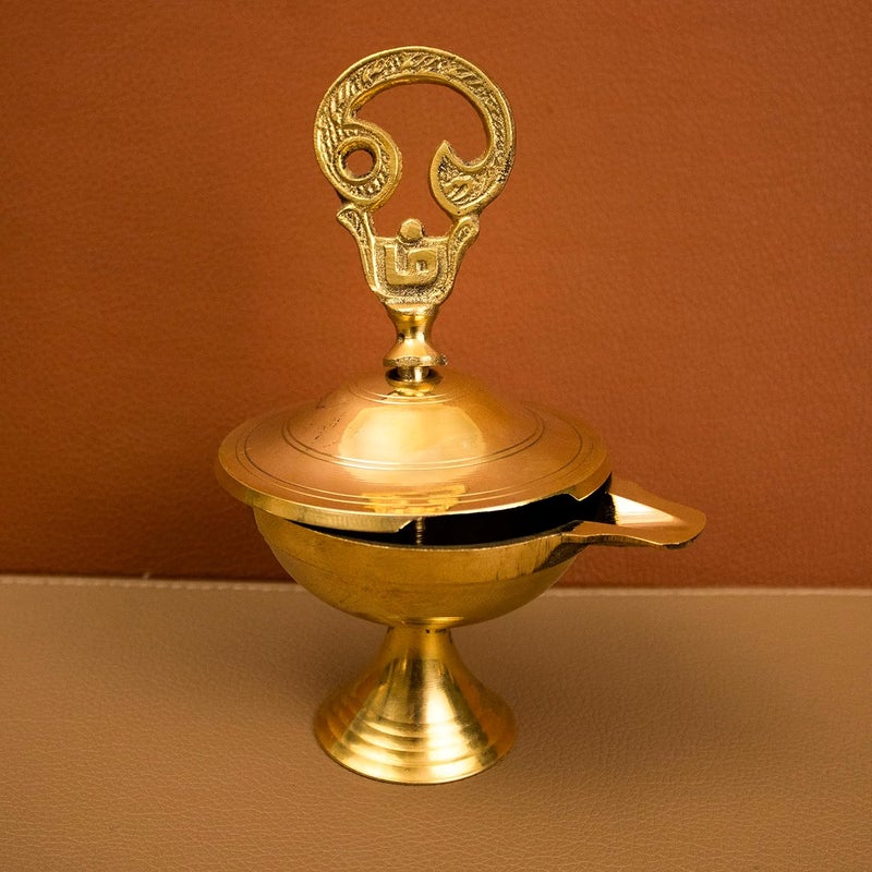 Spillbox Traditional Brass Diya for Puja Pooja Aarti Arti Deepak Deepam Oil Lamp for Home Temple Puja Articles Decor Gifts Closed Diya OM