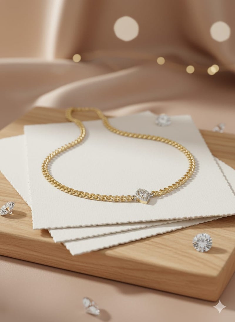 A necklace with a wide gold-plated chain, featuring a small oval silver-tone pendant and smaller sparkling stones. Additional links allow for size adjustment. - Image 3