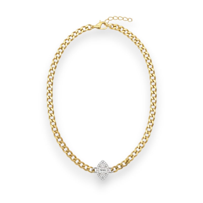 A necklace with a wide gold-plated chain, featuring a small oval silver-tone pendant and smaller sparkling stones. Additional links allow for size adjustment. - Image 1
