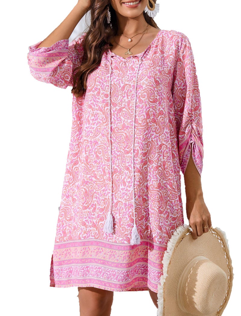 HOTOUCH Easter Bathing Suit Cover Up Summer Dresses for Women 2026 Beach Floral Print Flowy Beach Dress Tshirt Sundress Casual Loose Dress Pink S - Image 1