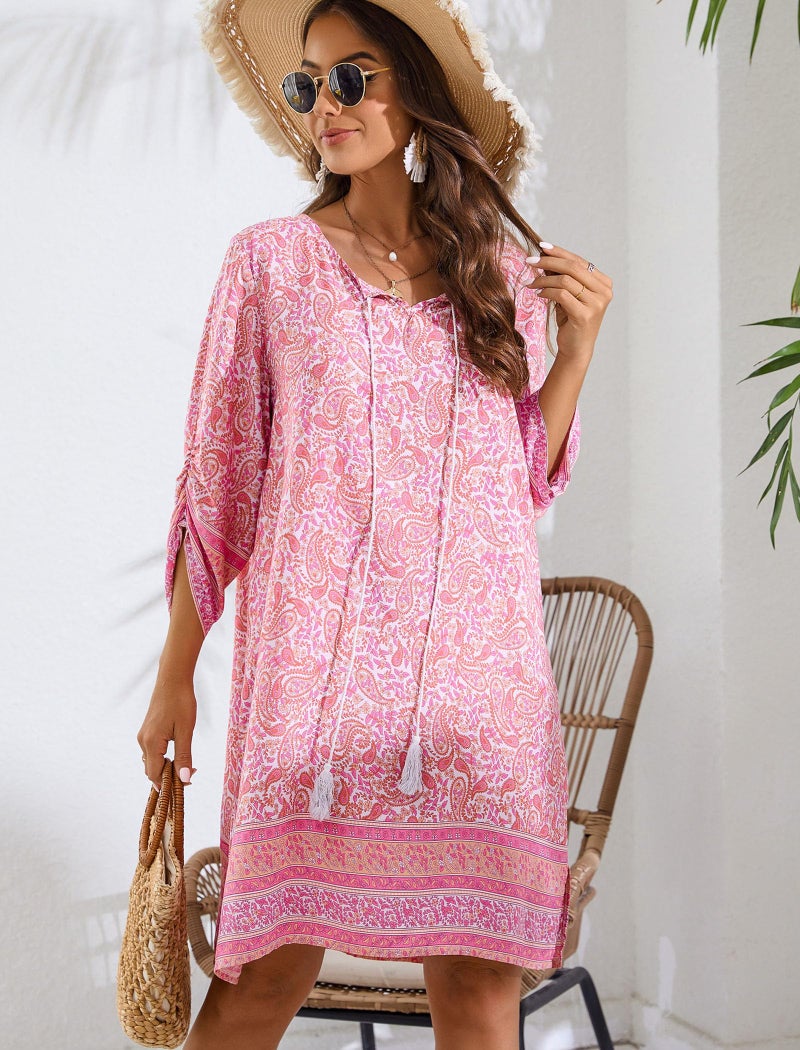 HOTOUCH Easter Bathing Suit Cover Up Summer Dresses for Women 2026 Beach Floral Print Flowy Beach Dress Tshirt Sundress Casual Loose Dress Pink S - Image 3