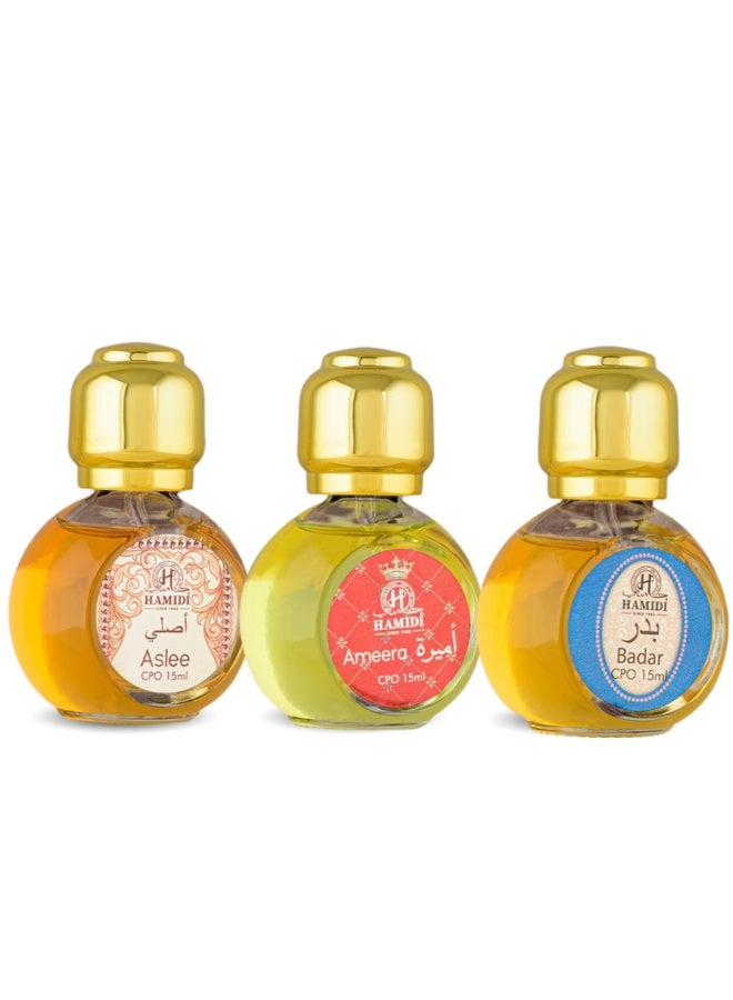 HAMIDI Badar Concentrated Perfume Oil – 15 ml (Unisex) & Ameera Perfume Oil – 15 ml & Aslee Concentrated Perfume Oil – 15 ml (For Women) Bundle - Image 1