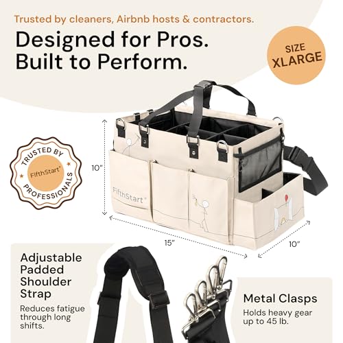 FifthStart Multiuse Cleaning Caddy - Adjustable Straps & Caddy Organizer with Handle - Mesh Base & 9 Pockets Organizer Bag - 5 Dividers & Washable Fabric Cleaning Tote (beige, XL) - Image 2