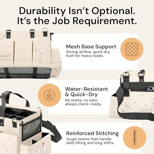 FifthStart Multiuse Cleaning Caddy - Adjustable Straps & Caddy Organizer with Handle - Mesh Base & 9 Pockets Organizer Bag - 5 Dividers & Washable Fabric Cleaning Tote (beige, XL) - Image 5